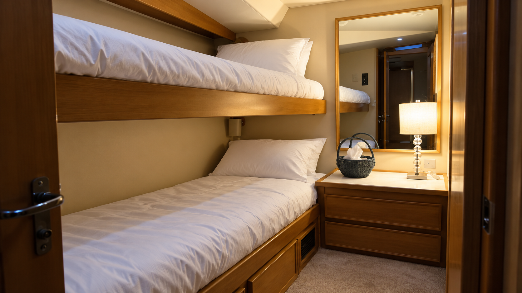 Sample yacht bunk cabin with two beds and fresh white linens