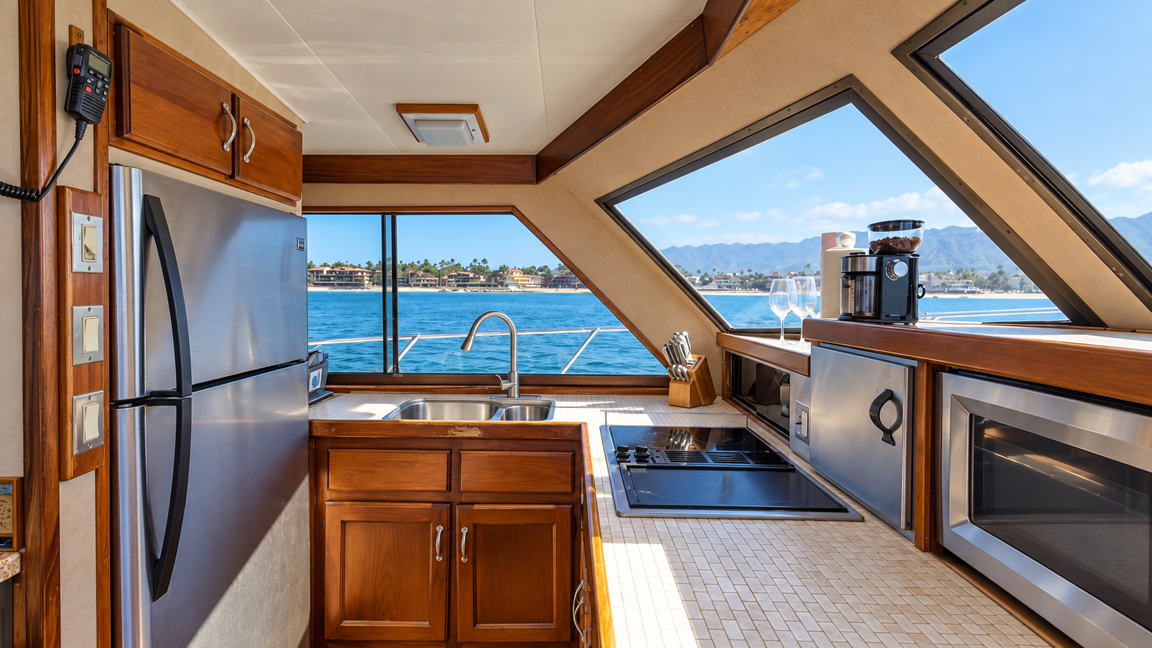Sample yacht galley with refrigerator, sink and cooking area