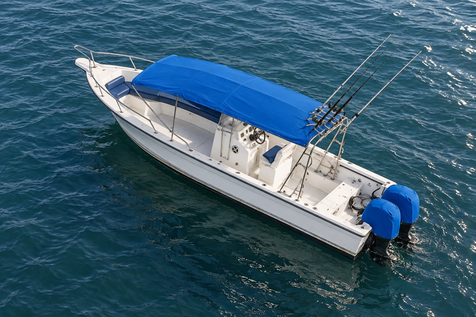 Overhead view of our panga showing its seating, deck and fishing rods