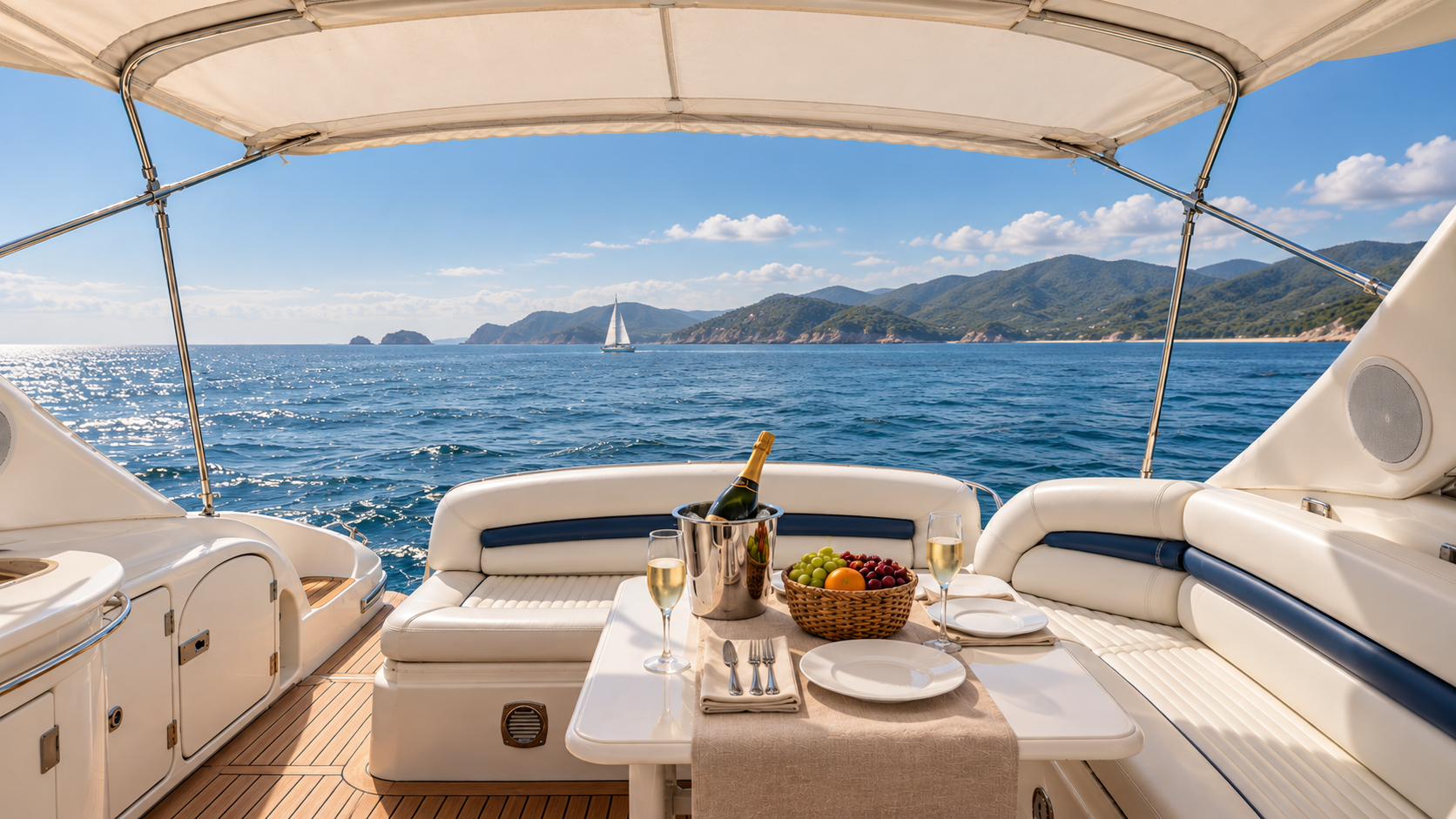 Covered seating and dining space aboard a motor yacht