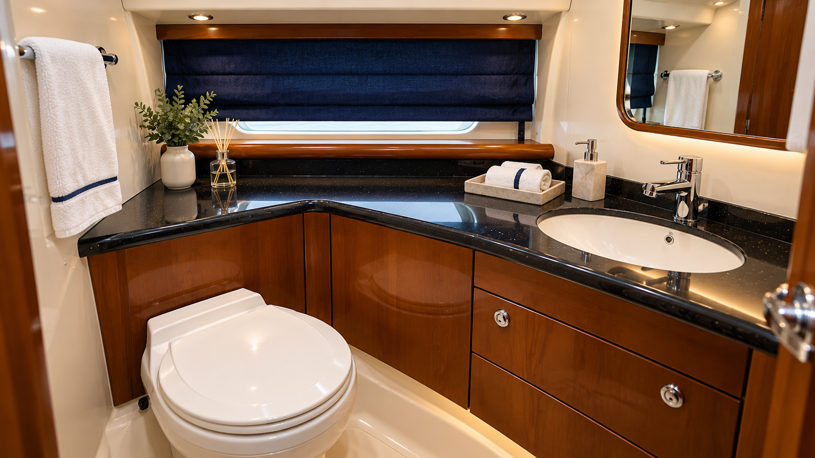 Restroom interior aboard a motor yacht