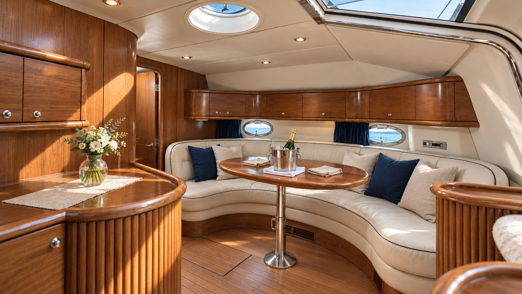 Wood-paneled salon and curved seating aboard a motor yacht